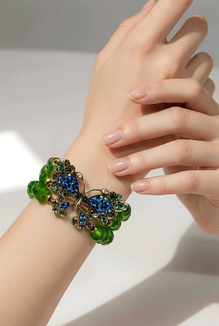 Kirks Folly Butterfly Green Glass Bead Stretch Bracelet